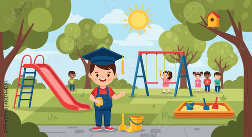 Happy children playing in a vibrant playground, celebrating a graduation ceremony