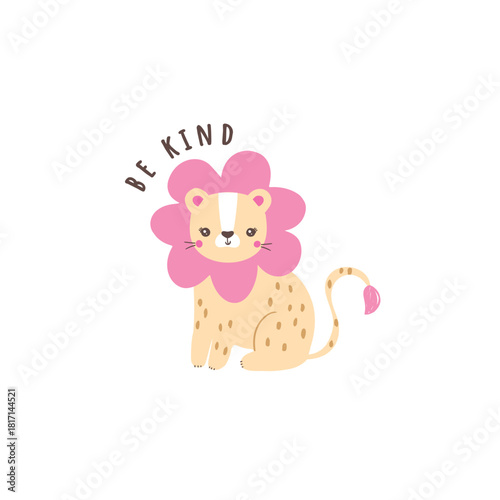 Cute lion with pink mane and “be kind” message in soft pastel style. Ideal for kidswear prints, nursery decor and positive animal-themed artwork.