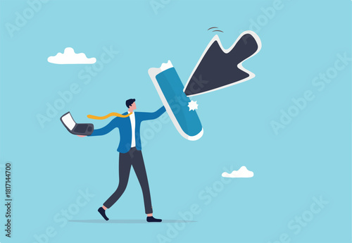 Cyber attack protection, guarding from internet hacker, computer security system or privacy firewall concept, strong businessman holding shield to protect from big mouse pointer to attack his computer