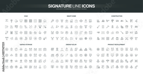 Line icon collection covering HVAC, smart home, construction, energy storage, solar power, and product development themes for modern technology and infrastructure isolated vector illustration