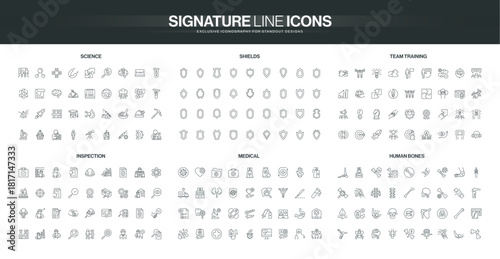 Set of thin line icons covering science, shields, team training, inspection, medical, and human bones topics, suitable for diverse educational and professional themes isolated vector illustration