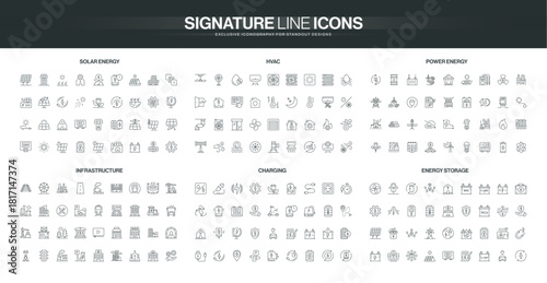 Comprehensive line icon set covers solar energy, HVAC, power, infrastructure, charging, and energy storage concepts for technology, industry, and sustainability isolated vector illustration