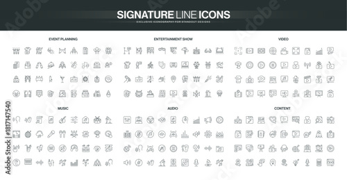 Collection of thin line icons for event planning, entertainment, video, music, audio, and content themes, covering modern media and creative industries isolated vector illustration