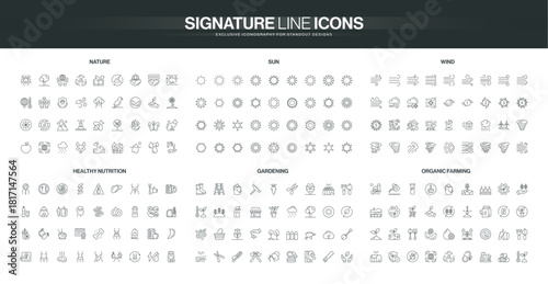 Line icons set covers nature, sun, wind, healthy nutrition, gardening, organic farming concepts with detailed minimalist symbols for environmental and agricultural themes isolated vector illustration