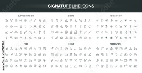 Collection of thin line icons featuring sugar, sweeteners, desserts, decorative bows, pricing, cooking utensils, and food delivery concepts isolated vector illustration