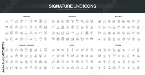 Line icons covering Christianity, migration, wellness, training, brain, and stress concepts, suitable for diverse informational and educational uses isolated vector illustration