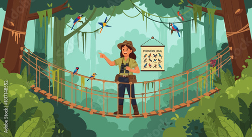 Enthusiastic birdwatcher pointing at tropical birds amidst lush jungle canopy