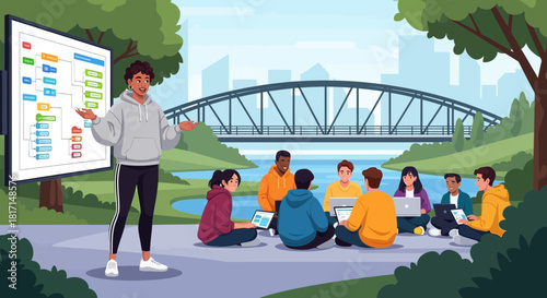 Outdoor collaborative learning session among diverse students with laptops