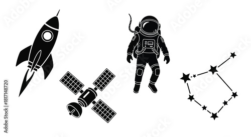 Space exploration icons rocket astronaut satellite and star constellation design