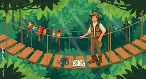Cartoon illustration of ornithologist on rope bridge with exotic birds