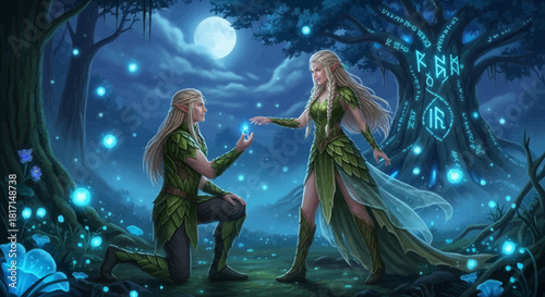 Magical Elven Proposal Under Enchanted Runestone Tree In Mystical Forest
