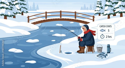 Charming winter ice fishing scene with bridge and animated statistic panel