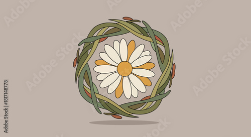 Daisy Flower Encased Within Woven Greenery Illustration Design