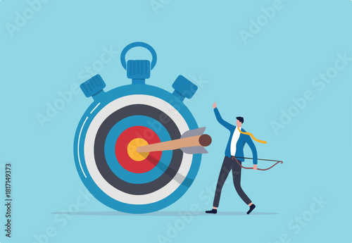 Time management to finish work within deadline, productivity or efficiency to reach goal, project timeline concept, smart businessman holding bow after shot at bullseye target on stopwatch.