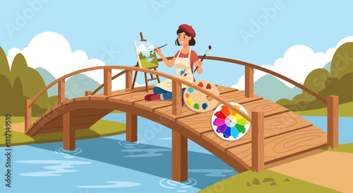 Artistic retreat: Female painter crafting nature's beauty on a wooden bridge