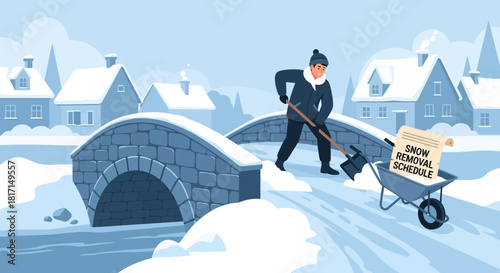 Illustrative winter landscape featuring a man shoveling snow off a bridge