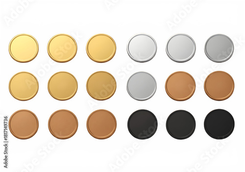 Generic Coins and Medals Set Gold Silver Bronze Matte Black Isolated on Transparent Background PNG