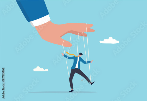 Domination or manipulate by control puppet doll, marionette or exploitation, authority or boss micro management, dictator or slave concept, mystery hand control string on businessman puppet doll