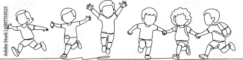 Continuous Line Drawing of Running Children Group Vector Illustration with Joyful Kids Having Fun Playing Together in Minimalist Design Style on Transparent Background Exactly 200 Characters