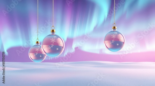 Three delicate glass Christmas baubles with subtle snowflake patterns hanging over smooth snow dunes, set against a dreamy sky illuminated by pastel aurora lights.

