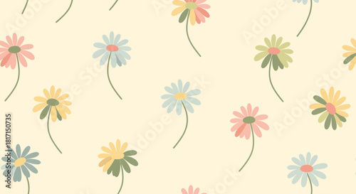 Vintage Floral Pattern With Pastel Daisies On Pale Background
