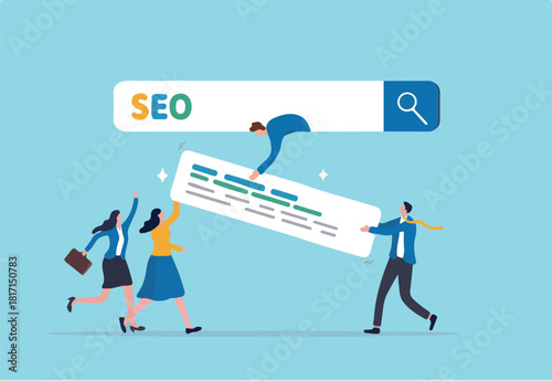 SEO, search engine optimization to help website reach top ranking in search result page, promote website or communication concept, businessman people help optimize website URL to 1st rank search bar.