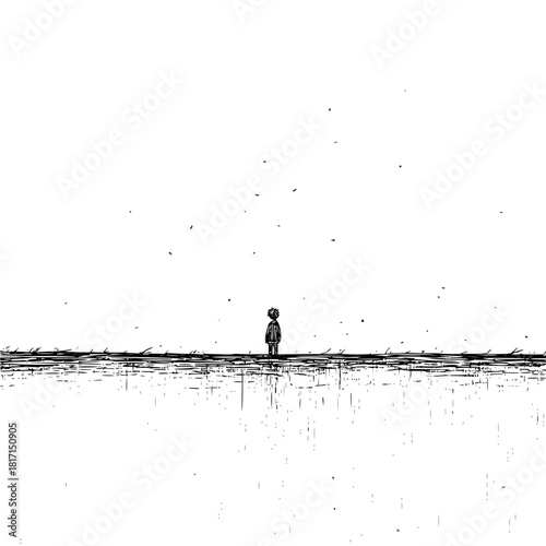 A solitary figure stands on a desolate horizon under a vast white sky with scattered dark specks above him