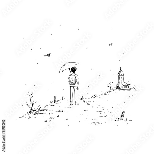 A lone figure with umbrella stands on a path leading to a building under a rainy sky with flying birds