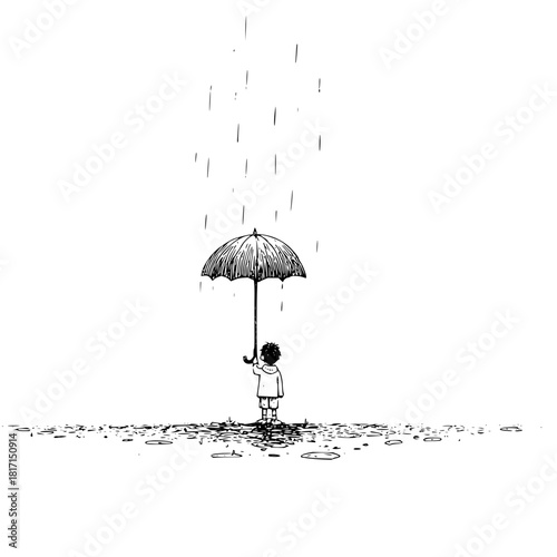 A lone child stands under an umbrella in the rain, with puddles around, in a black and white illustration