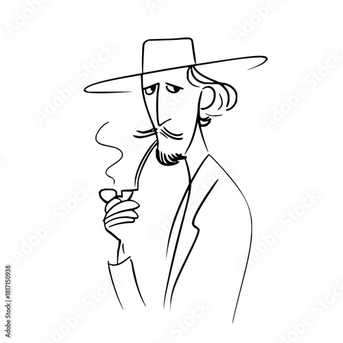 Line drawing of a man with a hat and beard smoking a pipe in a suit on a white background isolated