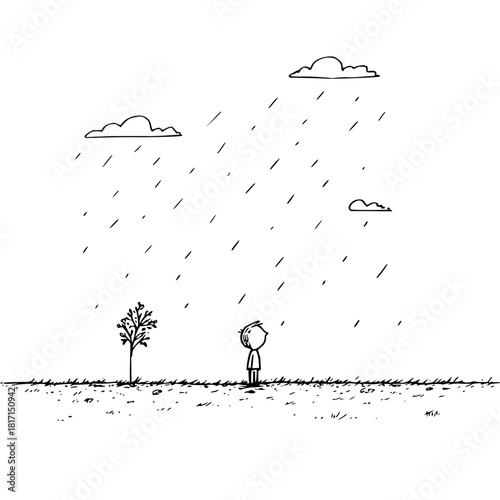 A drawing of a person standing in the rain looking up at the clouds with a tree next to them in black and white