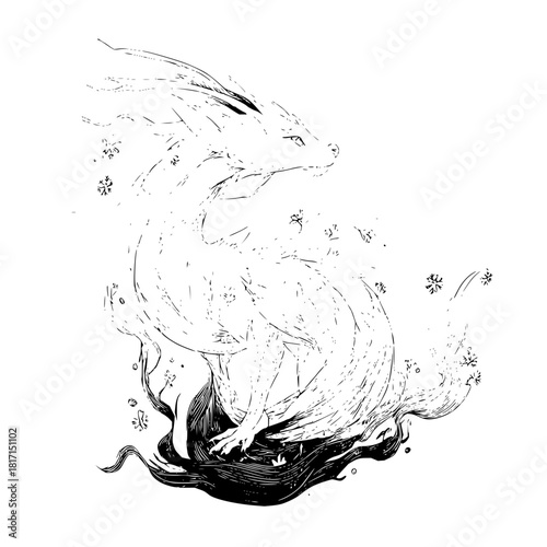Stylized illustration of a white fox sitting amidst snowflakes and dark flowing forms in black and white
