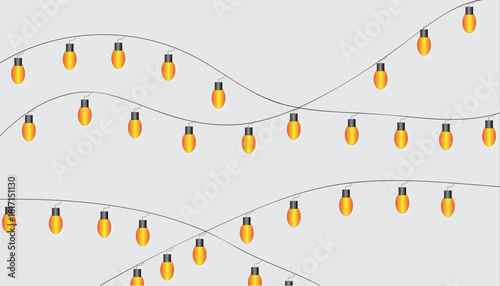 A cheerful and warm illustration featuring multiple strands of glowing orange-yellow string lights hung in graceful, wavy curves against a simple, pale gray background, perfect for festive holiday and