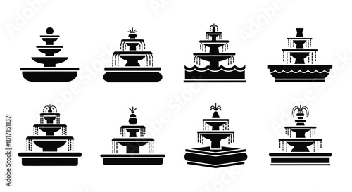 Black and white illustrations of various tiered fountain designs on a white background
