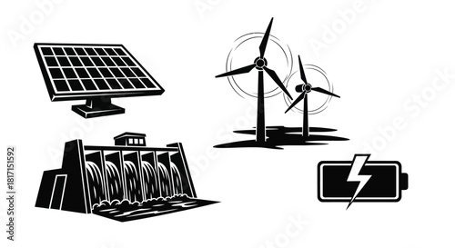 Renewable energy sources depicted solar panel wind turbines hydro and battery