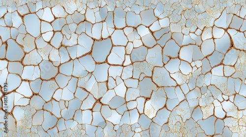 Abstract pattern of pale blue fragments with golden brown cracks.