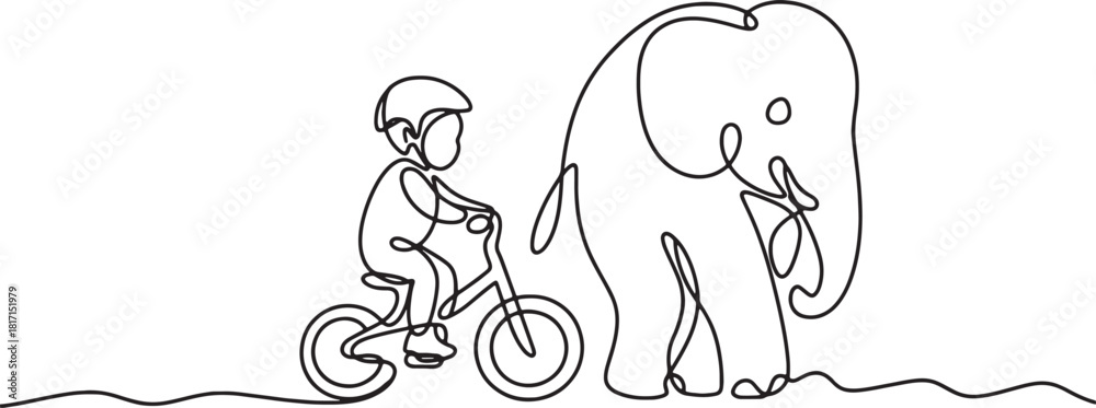 Fototapeta premium One Line Drawing of Child Cycling with Elephant Friend Simple Continuous Line Art Style Boy Riding Bicycle with Large Animal Minimalist Design for Kids Room Decor on Transparent