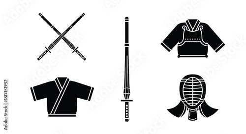 Japanese samurai weaponry and traditional clothing in black silhouette style