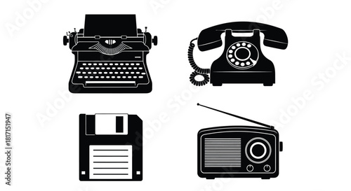 Vintage communication tools typewriter telephone floppy disk and radio