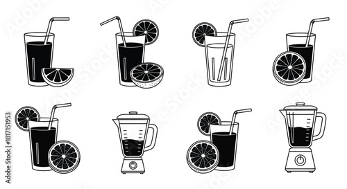 Black and white illustrations of drinks citrus a blender and smoothie setup
