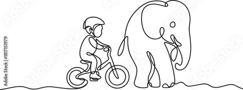 One Line Drawing of Child Cycling with Elephant Friend Simple Continuous Line Art Style Boy Riding Bicycle with Large Animal Minimalist Design for Kids Room Decor on Transparent