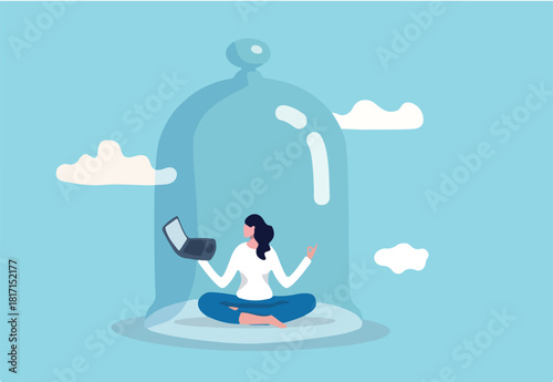 Introvert working space, privacy to work individual, employee work productively when working alone concept, introvert disconnected woman working alone with computer laptop covered inside glass dome.