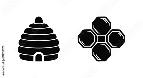 Simple black and white icons depicting a beehive and honeycomb structure