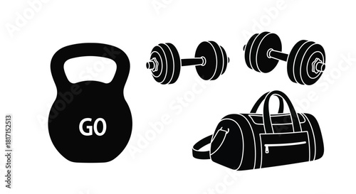 Black silhouette icons representing fitness equipment and a gym bag