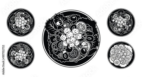 Five decorative black and white plates with floral and geometric designs