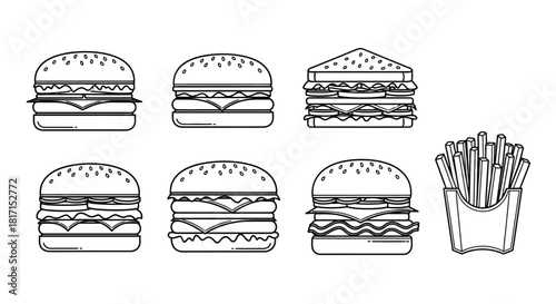 Simple line art illustration depicting burgers sandwiches and french fries