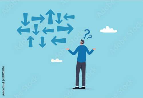 Confusion, frustration or decision making, mess, dilemma or complicated problem, lack of understanding, uncertain concept, confused frustrated businessman look at direction arrows with question marks.