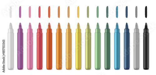 Realistic marker pen set with color stroke for drawing, sketching, school and office. Vector illustration