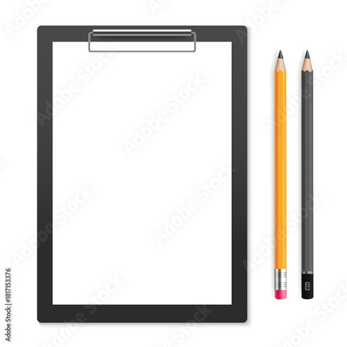 Realistic clipboard with pencil. Office folder. Notepad information board mockup. Paper on black board with holder. Vector illustration