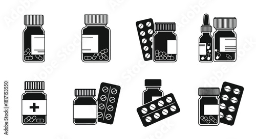 Various pharmaceutical medications and pill containers in a black and white illustration
